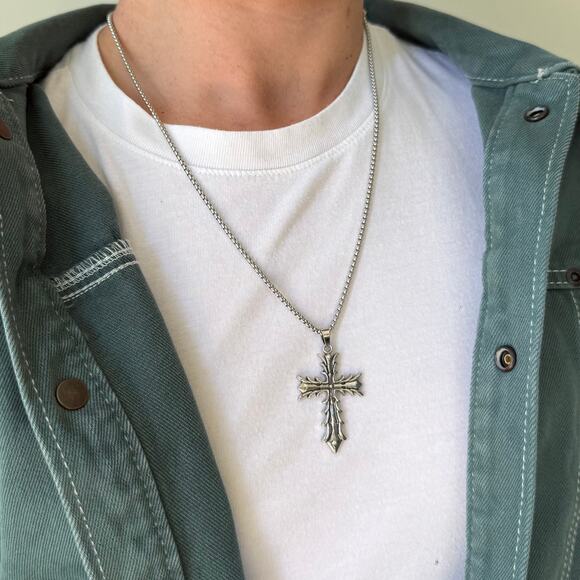 Y2K Grunge Cross Pendant Necklace Unisex Stainless Steel Chain New - Picture 4 of 13